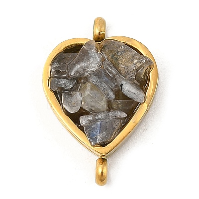 Natural Mixed Gemstone Chip 304 Stainless Steel Heart Connector Charms KK-P300-31G-1