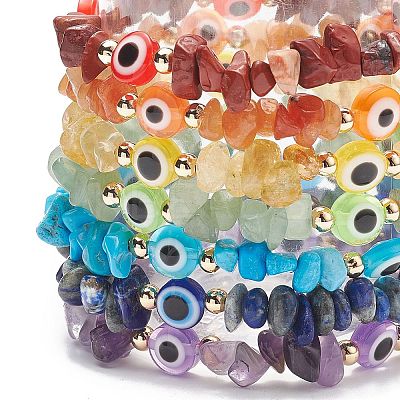 7Pcs Natural & Synthetic Mixed Gemstone Chips & Resin Evil Eye Beaded Stretch Bracelets Set BJEW-JB08814-1