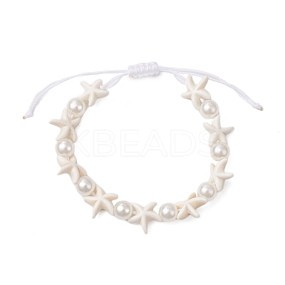 Starfish Synthetic Turquoise & Acrylic Pearl Braided Bead Bracelets for Women BJEW-JB11263-02-1