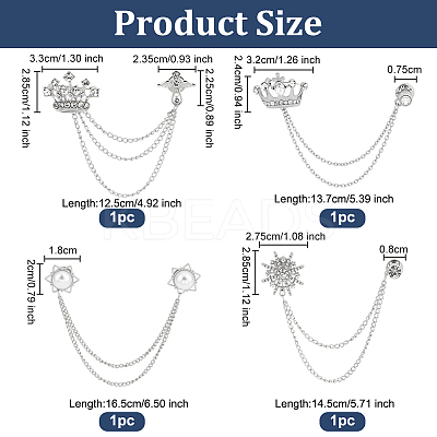 4Pcs 4 Styles Rhinestone Crown & Star Hanging Chain Brooch JEWB-OC0001-10-1