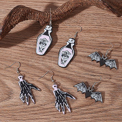 3 Pairs 3 Style Skeleton Hand & Bat & Bottle Acrylic Dangle Earrings for Halloween EJEW-AN0002-93-1