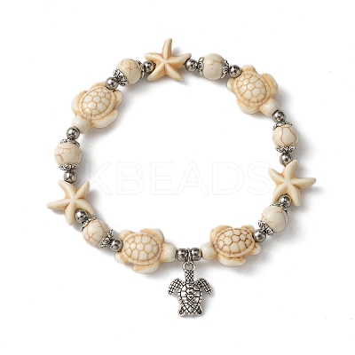 2Pcs 2 Colors Starfish & Turtle Dyed Synthetic Turquoise Beaded Stretch Bracelet Sets BJEW-JB10925-1