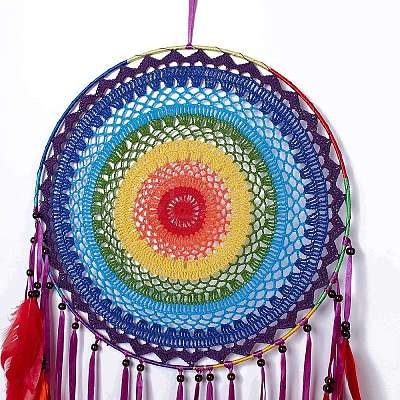 Native Style Iron Ring Woven Net/Web with Feather Wall Hanging Decoration LS-HJEW-A001-09-1