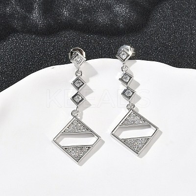 Rhombus Brass Micro Pave Clear Cubic Zirconia Dangle Stud Earrings EJEW-F383-10P-1