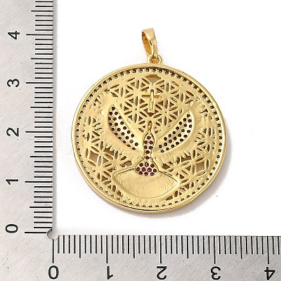 Flat Round with Pigeons & Cross Rack Plating Brass Micro Pave Cubic Zirconia Pendants KK-K377-42G-1