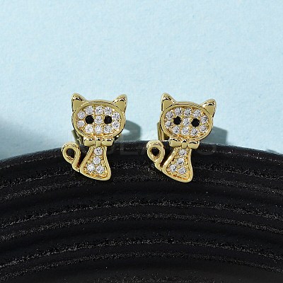 Brass Micro Pave Cubic Zirconia Cat Shape Stud Earrings EJEW-K267-30G-1