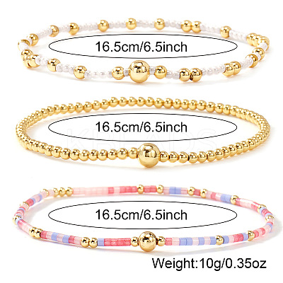 3Pcs 3 Styles Glass Seed Beads & Brass Beads Stretch Bracelets Set for Women VQ8944-1-1