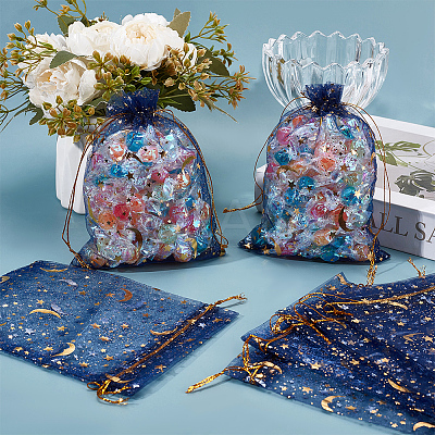 50Pcs Gold Stamping Moon & Star Organza Drawstring Gift Storage Bags OP-BBC0001-03C-03-1