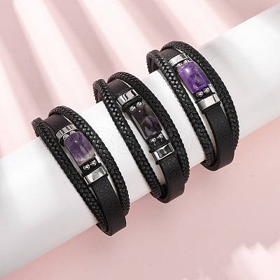 Natural Amethyst & Braided Microfiber Leather Multi-strand Bracelets for Women Men GG-CBAEA55-01C-1