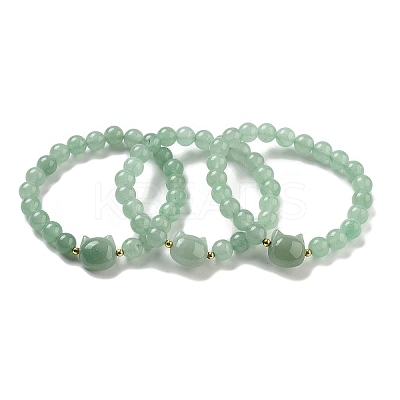 Round & Cat Head Natural Green Aventurine Beaded Stretch Bracelets for Women BJEW-K251-03B-1