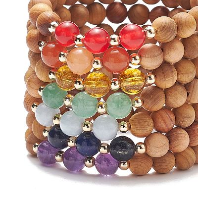 7Pcs 7 Style Natural Wood & Mixed Gemstone Round Beaded Stretch Bracelets Set BJEW-JB08813-1