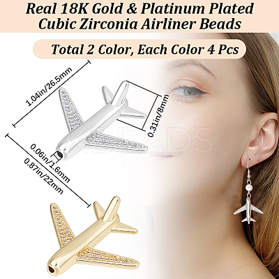 8Pcs 2 Colors Brass Micro Pave Cubic Zirconia Airliner Beads ZIRC-BBC0002-58-1