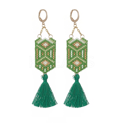 Glass Seed Hexagon with Cotton Tassel Dangle Leverback Earrings EJEW-MZ00045-1