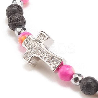 Natural & Synthetic Mixed Gemstone Beaded Stretch Bracelet with Clear Cubic Zirconia Cross for Women BJEW-JB08247-04-1