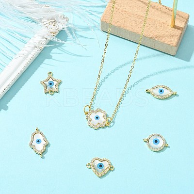 6Pcs 6 Styles Brass Micro Pave Clear Cubic Zirconia & Natural Shell Evil Eye Links Connector Charms KK-CJ0003-44-1