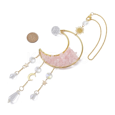 Wire Wrapped Natural Rose Quartz Chip & Brass Moon Pendant Decorations HJEW-JM01504-01-1