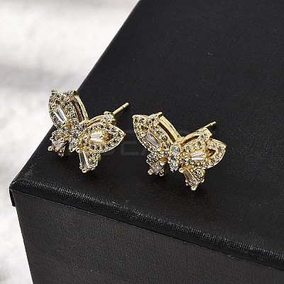 Brass Clear Cubic Zirconia Butterfly Stud Earrings EJEW-L261-029A-G-1