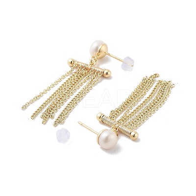 Natural Pearl Tassel Stud Earrings EJEW-P256-29G-1