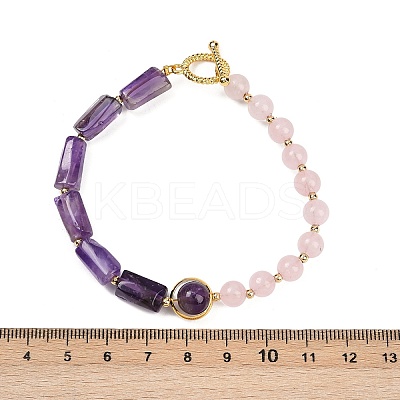 Natural Rose Quartz & Natural Amethyst & Brass Round & Prism Beaded Bracelets for Women BJEW-G752-01G-06-1