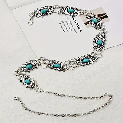 Alloy with Dyed Synthetic Turquoise Rhombus Link Chain Waist Belly Chains for Women FS-WG59013-01-1