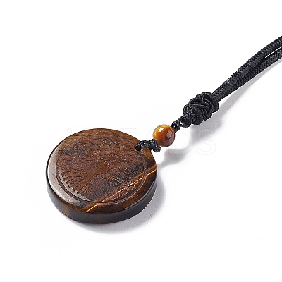 Natural Tiger Eye Flat Round with Tree of Life Pendant Necklace with Nylon Cord for Women NJEW-P274-03-01-1