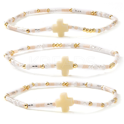 3Pcs Bohemian Cross Charm Glass Seed Bead & Brass Beads Stretch Bracelet for Women SA4132-4-1