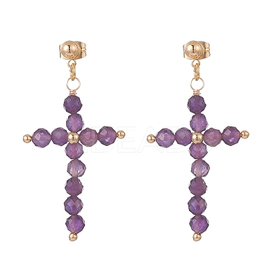 Natural Mixed Gemstone Beaded Cross Dangle Stud Earrings EJEW-JE05200-1
