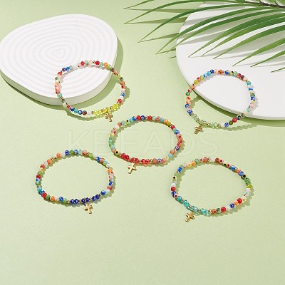 Millefiori Glass Beaded Stretch Bracelet with 304 Stainless Steel Cross Charm for Women BJEW-JB08521-1