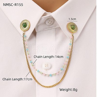 304 Stainless Steel & Dyed Stone Round Hanging Chain Brooch JEWB-S021-01G-02-1