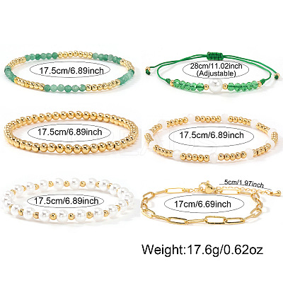6Pcs 6 Styles Adjustable White Round Imitation Pearl & Glass & Brass Beaded Stretch Bracelet Sets HI6253-1-1