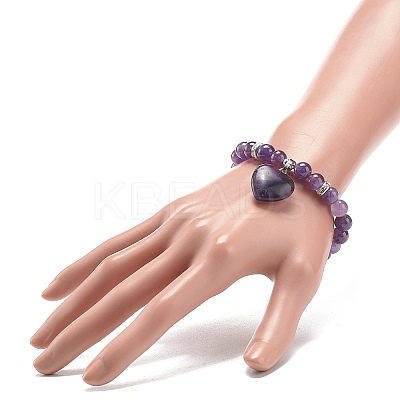 Natural Amethyst Round Beaded Stretch Bracelet with Heart Charm BJEW-JB09019-02-1