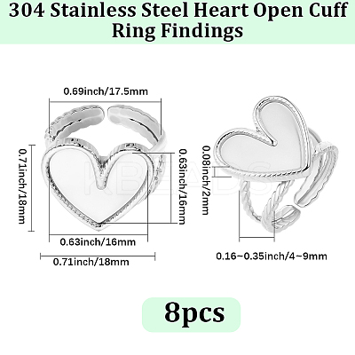8Pcs 304 Stainless Steel Open Cuff Ring Findings STAS-BBC0010-11B-1