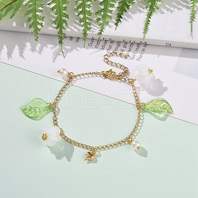 Acrylic Leaf & Flower & Plastic Pearl Charm Bracelet BJEW-JB09077-1