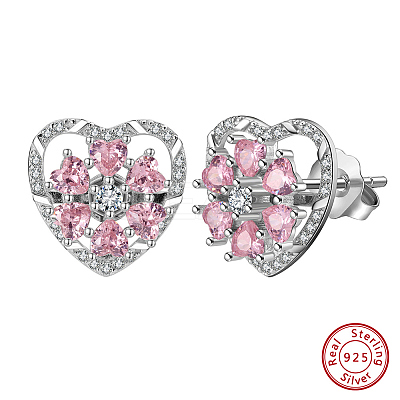 Rhodium Plated 925 Sterling Silver Rotating Heart Stud Earrings EJEW-L270-01P-1
