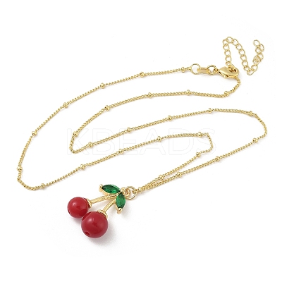 Brass Resin Fruit Cherry Pendant Satellite Chain Necklaces with Green Cubic Zirconia Leaf for Women NJEW-D306-03G-1