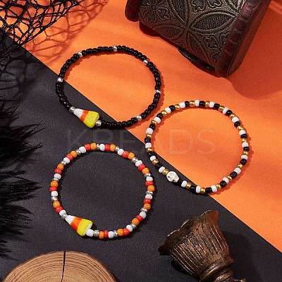 3Pcs 3 Styles Halloween Skull & Candy Corn Acrylic and Synthetic Magnesite Bracelet Sets BJEW-JB10525-1