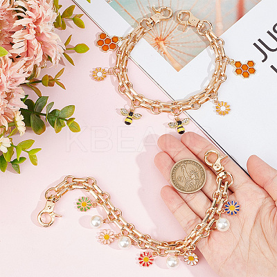 Daisy/Bee Alloy Enamel & ABS Plastic Imitation Pearl Pendant Decorative Purse Chains AJEW-AB00121-1