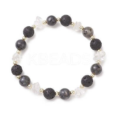 Natural Quartz Crystal & Lava Rock & Larvikite Stretch Bracelets for Women BJEW-JB13188-1