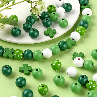 160Pcs 5 Style Irish Theme Painted Natural Wood Beads X1-WOOD-LS0001-48-1