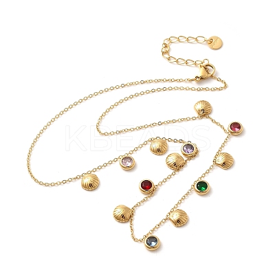 304 Stainless Steel Colorful Cubic Zirconia Flat Round & Shell Shaped Bib Necklaces for Women NJEW-U031-08G-01-1