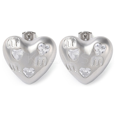 Heart Brass Micro Pave Clear Cubic Zirconia Stud Earrings EJEW-A034-06P-1