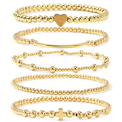 Brass and Stainless Beaded Stretch Bracelet Sets VB9693-2-1