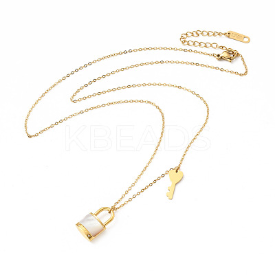 Natural Shell Padlock and Key Pendant Necklace NJEW-P229-15G-1