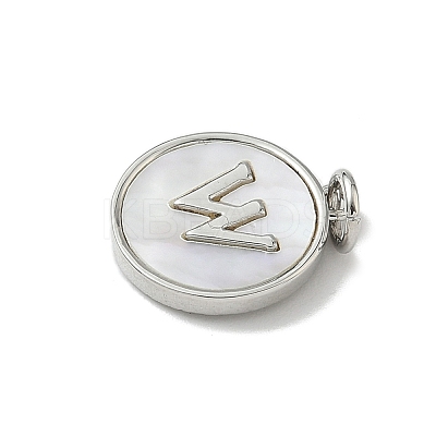 Brass Pave Natural Shell Flat Round with Letter Charms KK-Z115-13P-W-1