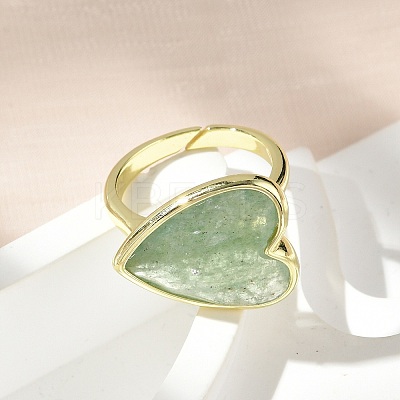 Heart Brass Natural Green Strawberry Quartz  Finger Rings RJEW-D304-01G-C-1