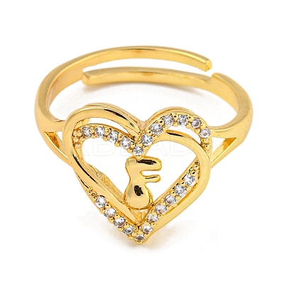 Heart with Letter Rack Plating Brass Micro Pave Clear Cubic Zirconia Adjustable Rings for Women RJEW-I105-01G-F-1