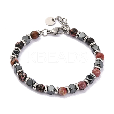 Natural Rhodochrosite & Magnetic Synthetic Hematite Round Beaded Bracelet X-BJEW-P339-02P-09-1