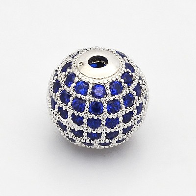 CZ Brass Micro Pave Grade AAA Blue Color Cubic Zirconia Round Beads KK-O065-8mm-03P-NR-1