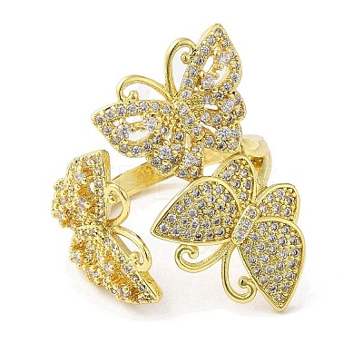 Clear Cubic Zirconia Triple Butterfly Open Cuff Ring RJEW-F147-02G-1