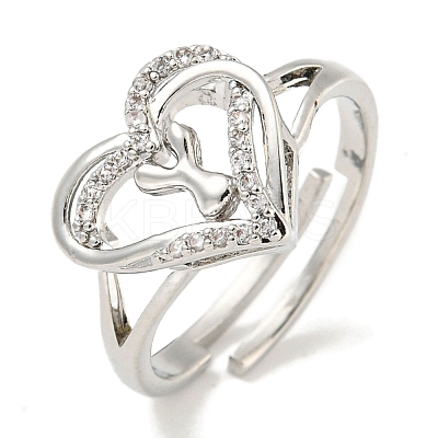 Heart with Letter Rack Plating Brass Micro Pave Clear Cubic Zirconia Adjustable Rings for Women RJEW-I105-01P-Y-1